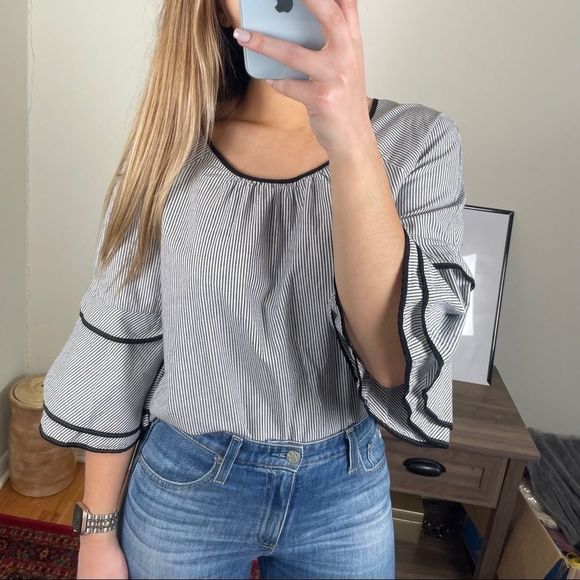 Jane and Delancey Tops - Jane and Delancey Gray Stripe Bell Sleeve Blouse